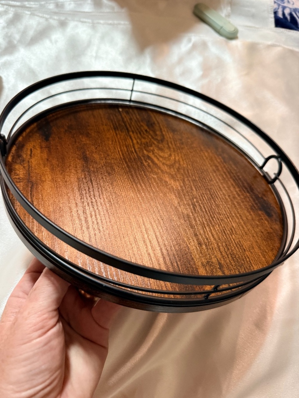 Round Rotating Serving Tray with Metal Rail Wood Look Lazy Susan
